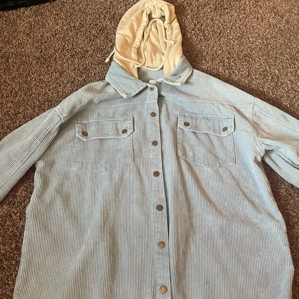 American Bazi Blue Striped Jean Jacket with Cream Hood
